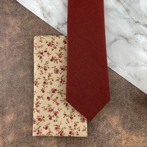 Men’s Brick Red Necktie & Tan Floral Pocket Square Set